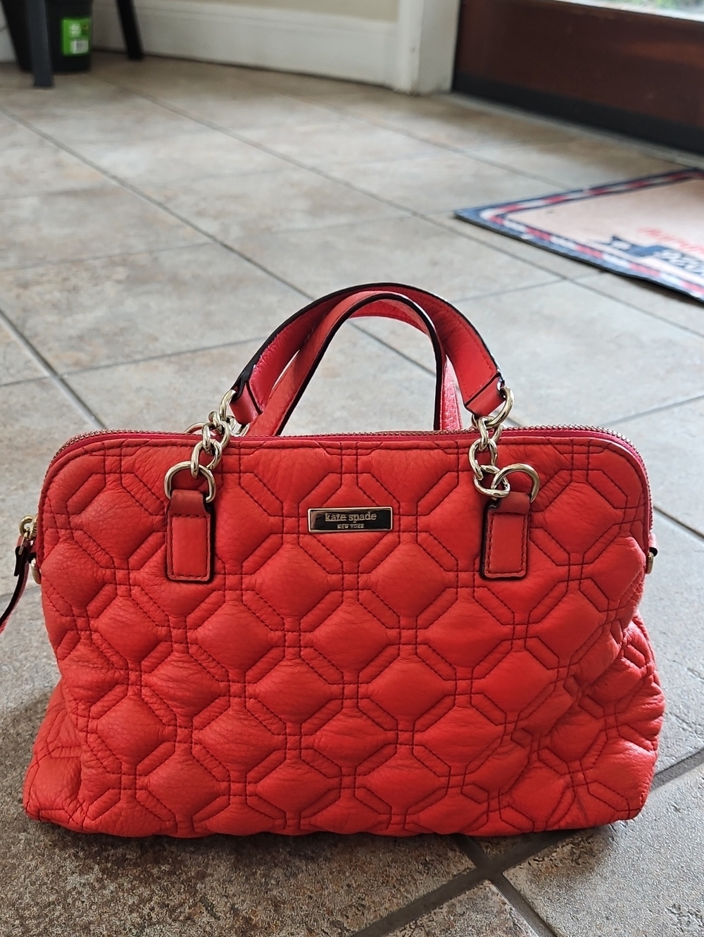 Kate spade Quilted Coral Orange Leather Satchel with Gold Hardware